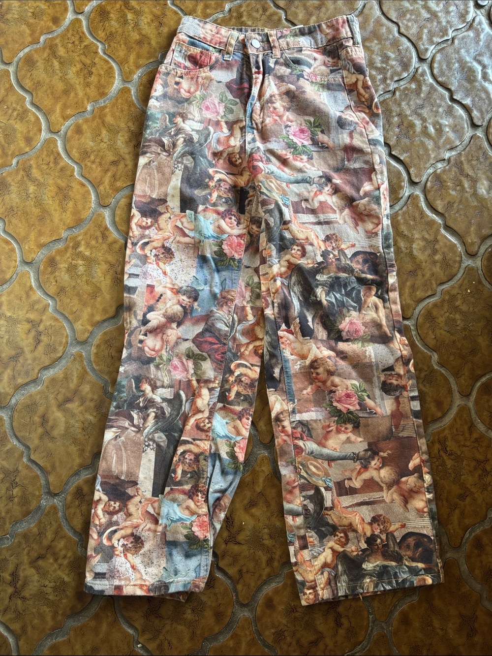 SHEIN Multicolor Vintage Art Print Ankle Jeans